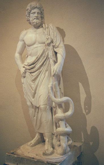 Một bức tượng Esculape cùng cây gậy và con rắn (ảnh: Wiki)